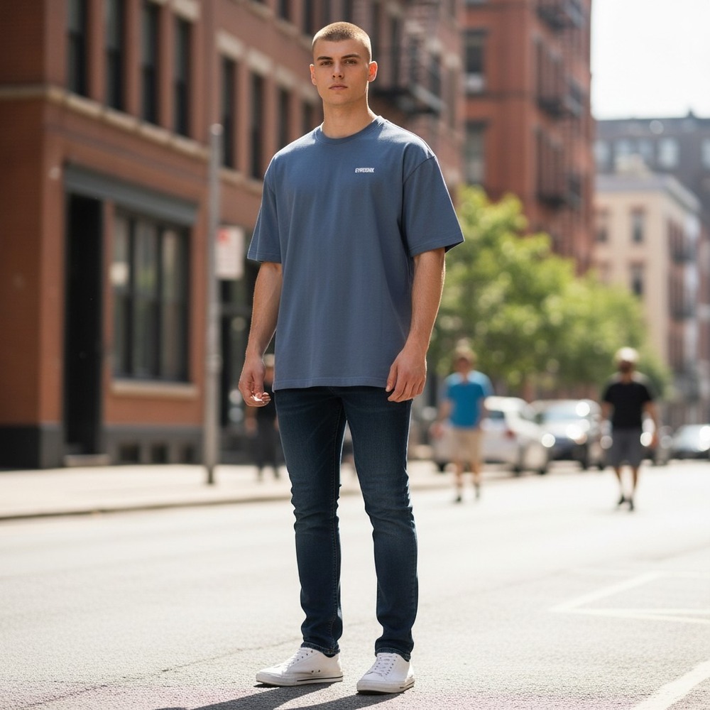 Gymshark Mens XL Oversized V-Stitch Logo T-Shirt Slate Blue Short Sleeve Boxy